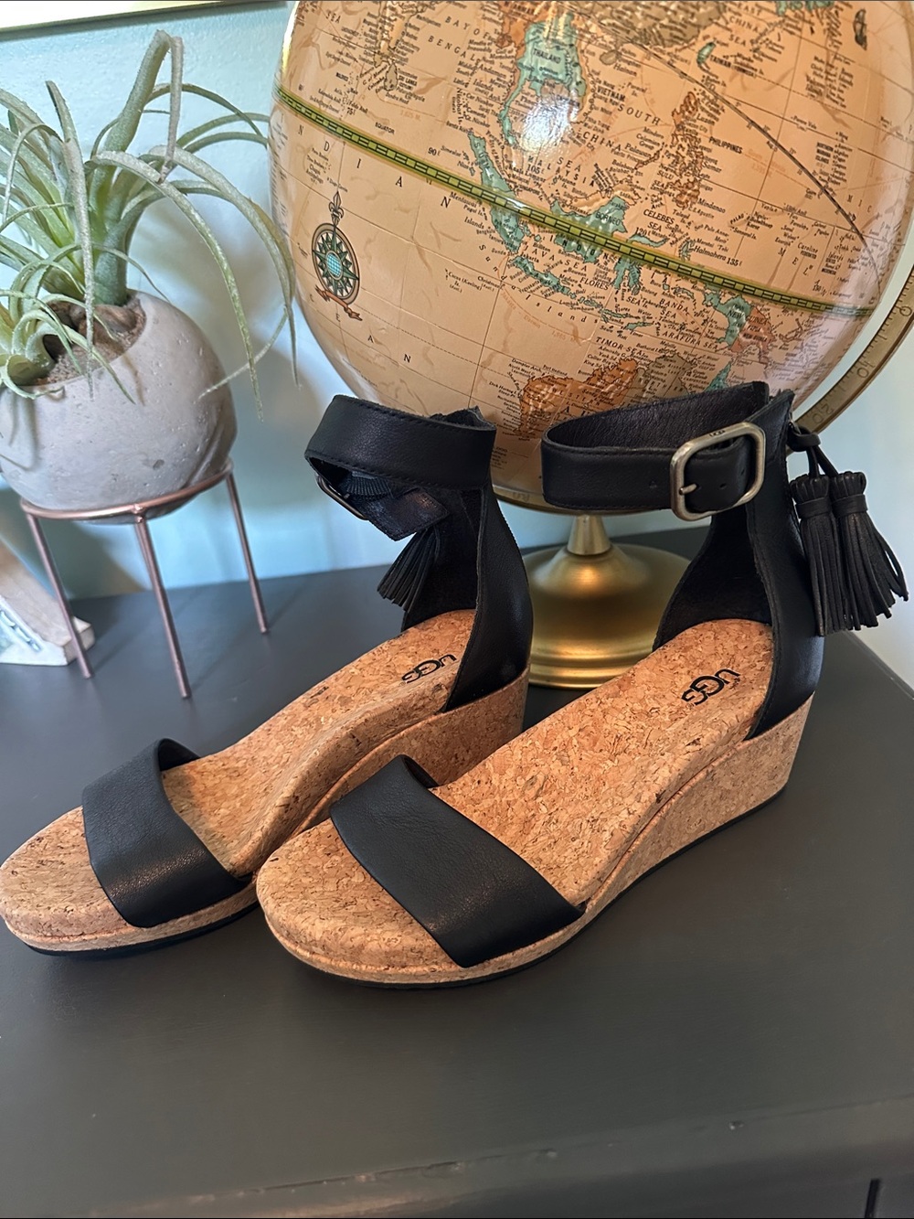 UGG Black Leather Cork Wedge Sandals with Tassel Ankle Strap